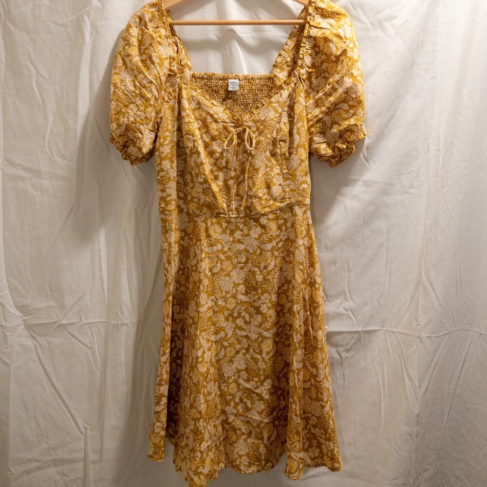 Old Navy Yellow Fit and Flare Puff-Sleeve Floral-Print Mini Dress (Size Small)